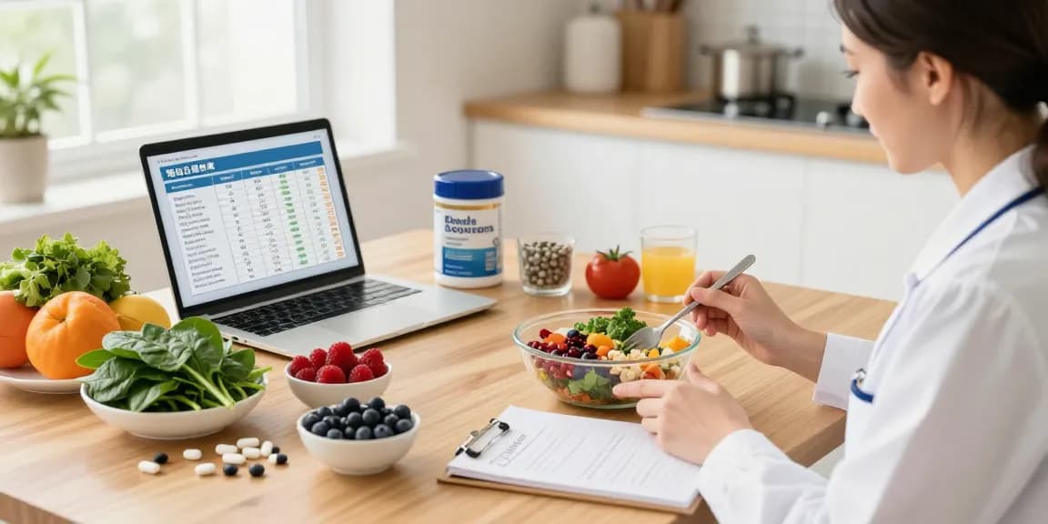 A nutritionist preparing healthy meals using 雅培怡腎康 ingredients in a bright kitchen