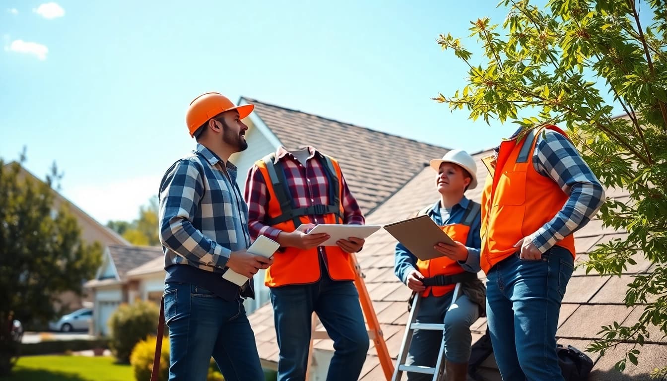 Team providing professional roofing services while inspecting a residential rooftop.