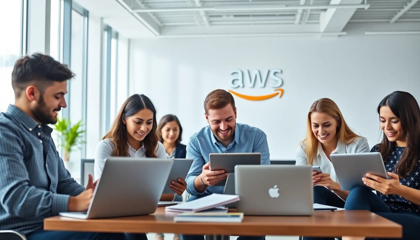 Group studying AWS exam help with laptops and study materials in a modern office setting.