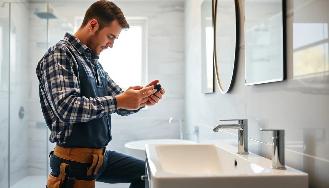 Skilled bathroom remodeling contractors installing fixtures in a beautifully renovated bathroom.
