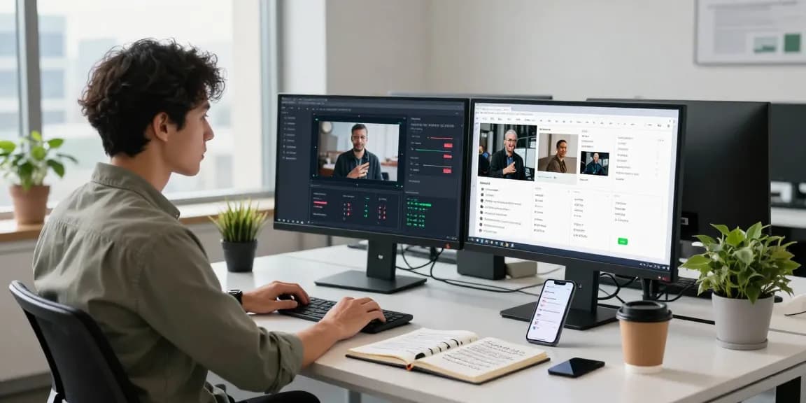 Data analyst using a free AI detector in a modern workspace, analyzing image results on multiple screens.