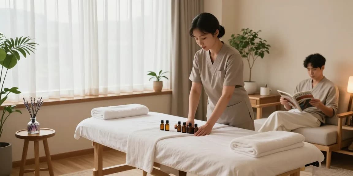 Relaxing massage therapy studio atmosphere promoting 서울출장마사지 with calming elements.