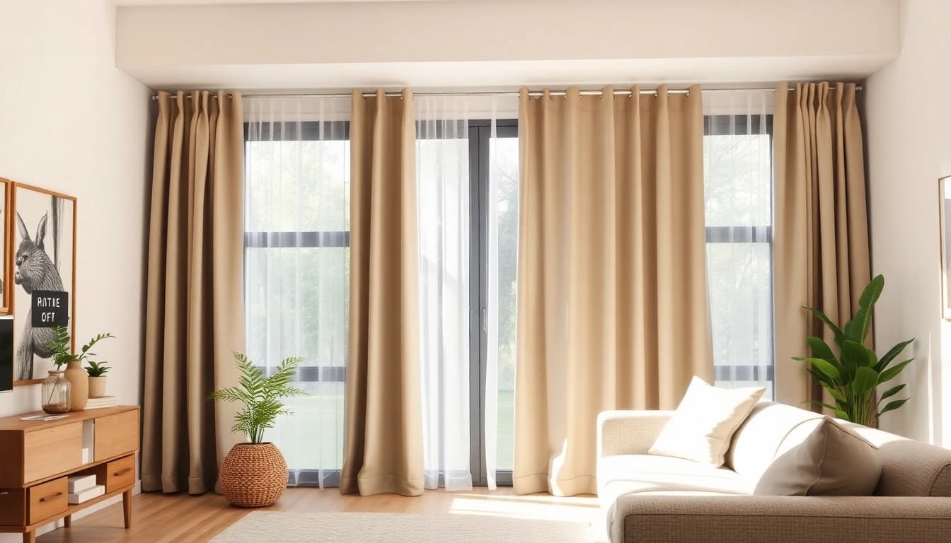 Verduisterende gordijnen in een gezellige woonkamer creëren een kalme sfeer.