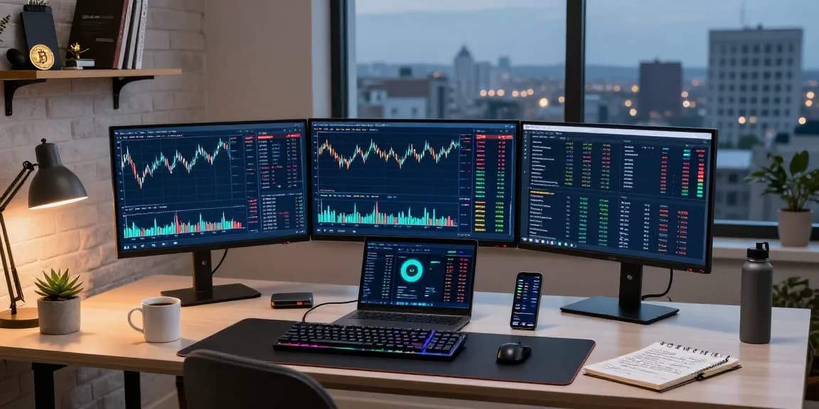 Beginner cloud mining platform depicted in a modern crypto workspace featuring multiple screens with Bitcoin charts and DeFi dashboards.