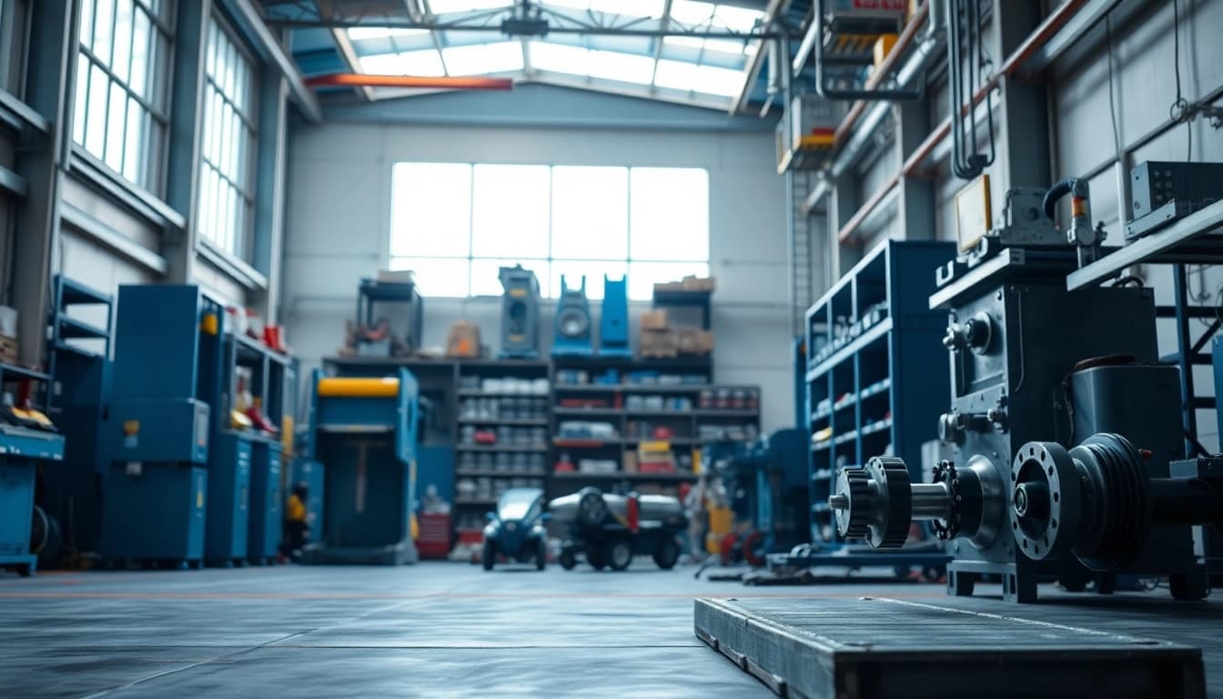 Showcase of industrial hydraulics solutions in a high-tech workshop, featuring advanced machinery and components.