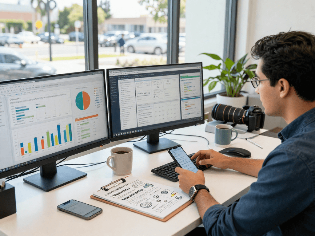 Orange County SEO company operators analyzing marketing strategies in a modern office.