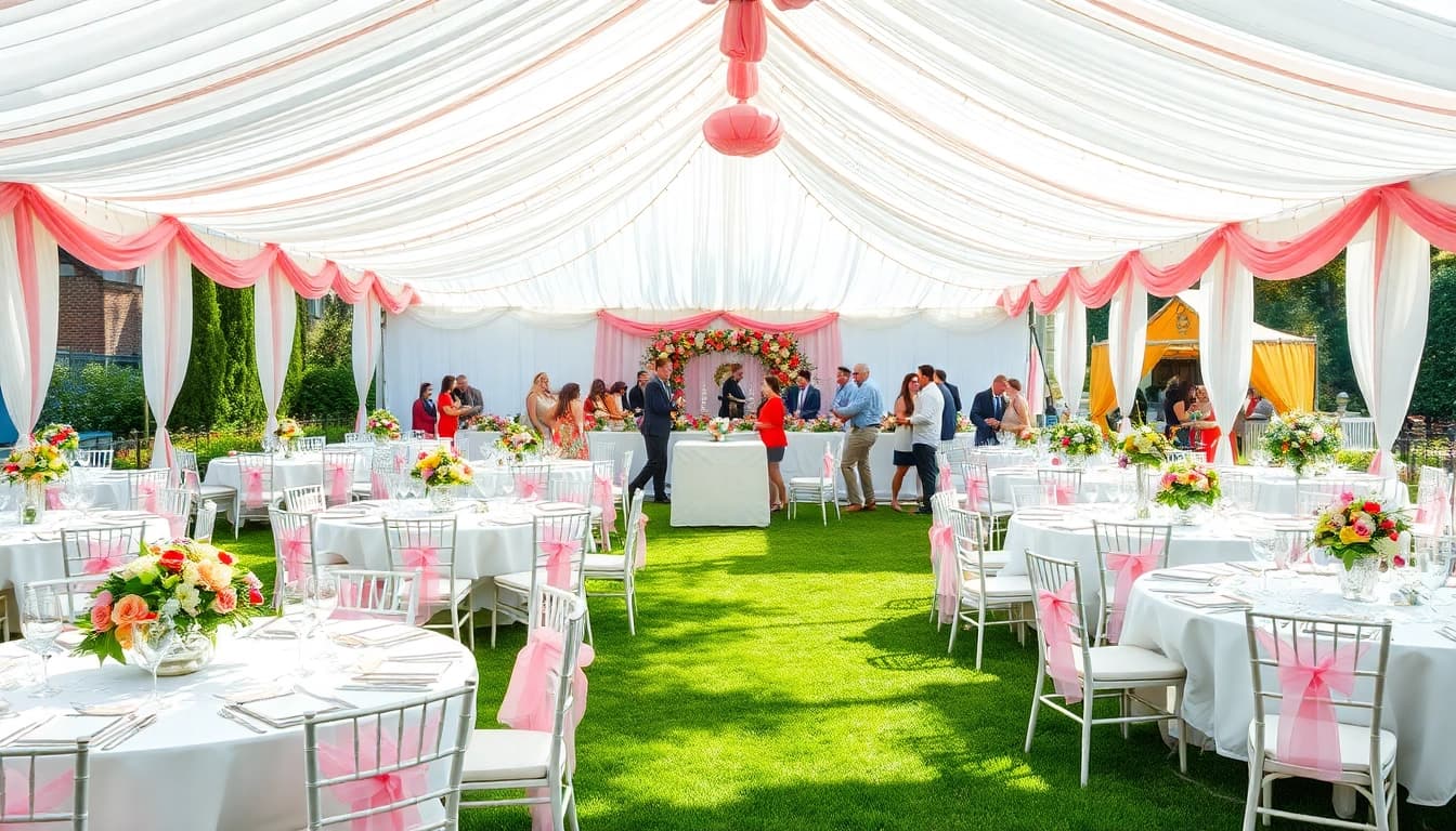 Guests enjoying a festive gathering under beautifully designed Party Tent Rentals with exquisite decorations.