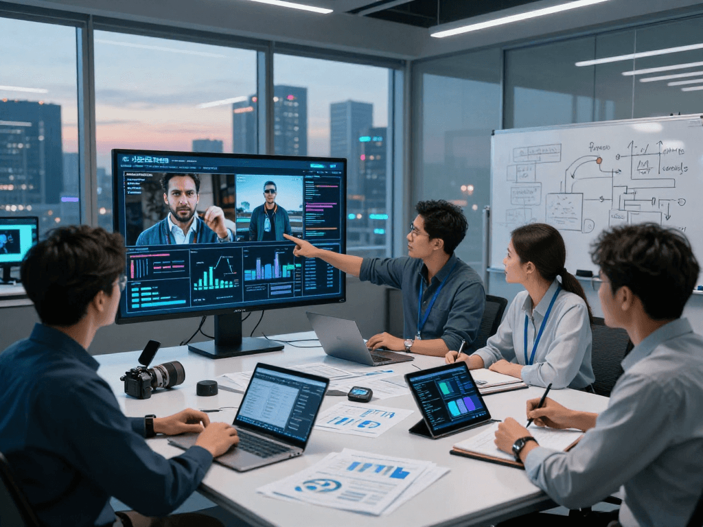 Detect AI image with specialists analyzing content moderation data in a high-tech control room.
