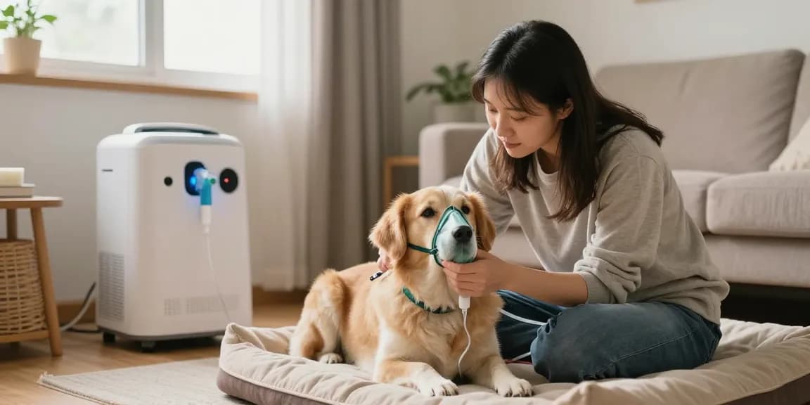 Caring pet owner using an oxygen machine from https://www.petair.hk/ to help their dog breathe comfortably at home.