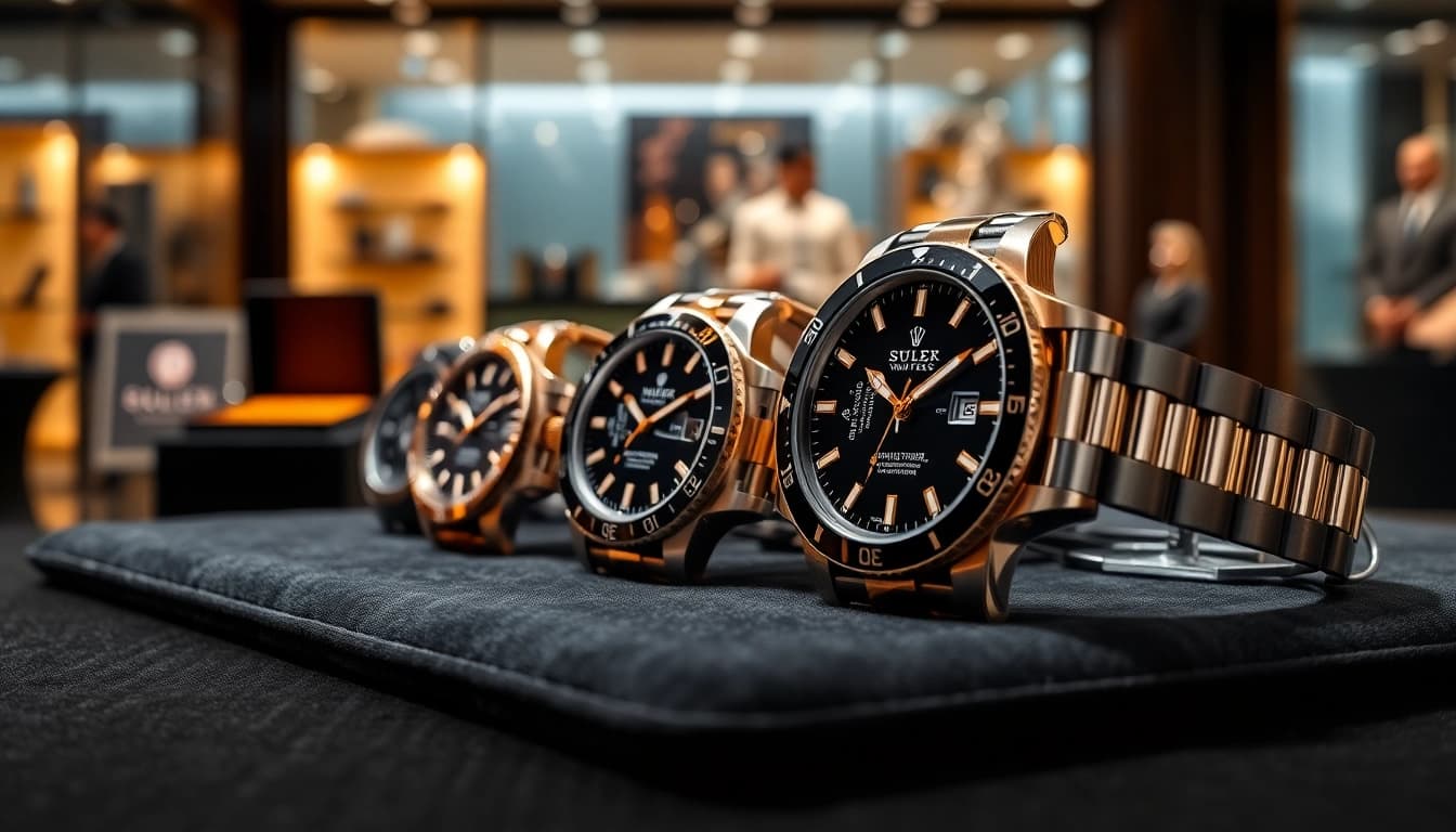 Showcasing super clone watches on a sleek surface, highlighting their elegant design and craftsmanship.