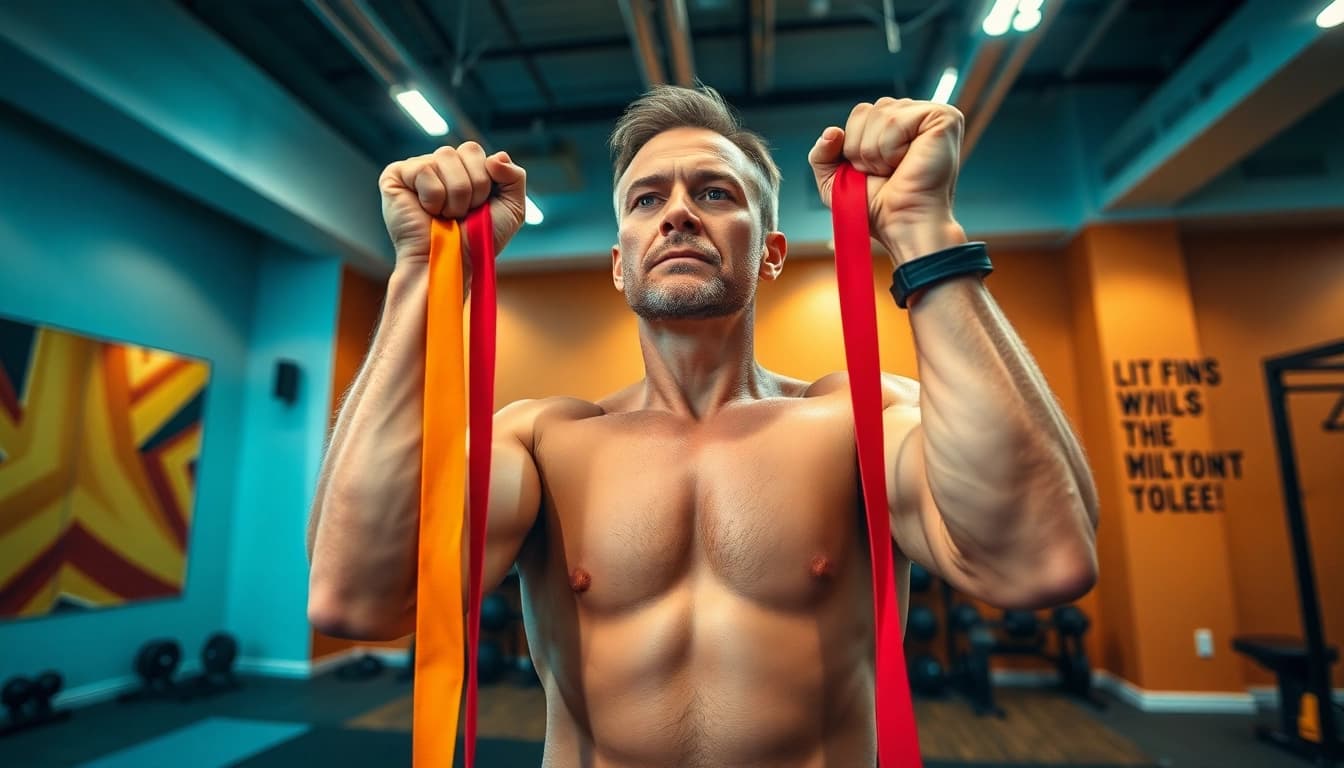 Strength training with resistance bands for pull-ups, showcasing dynamic gym action.
