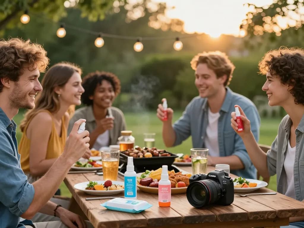 Group enjoying picnic with mosquito repellent products ensuring comfort and protection during summer barbecue.