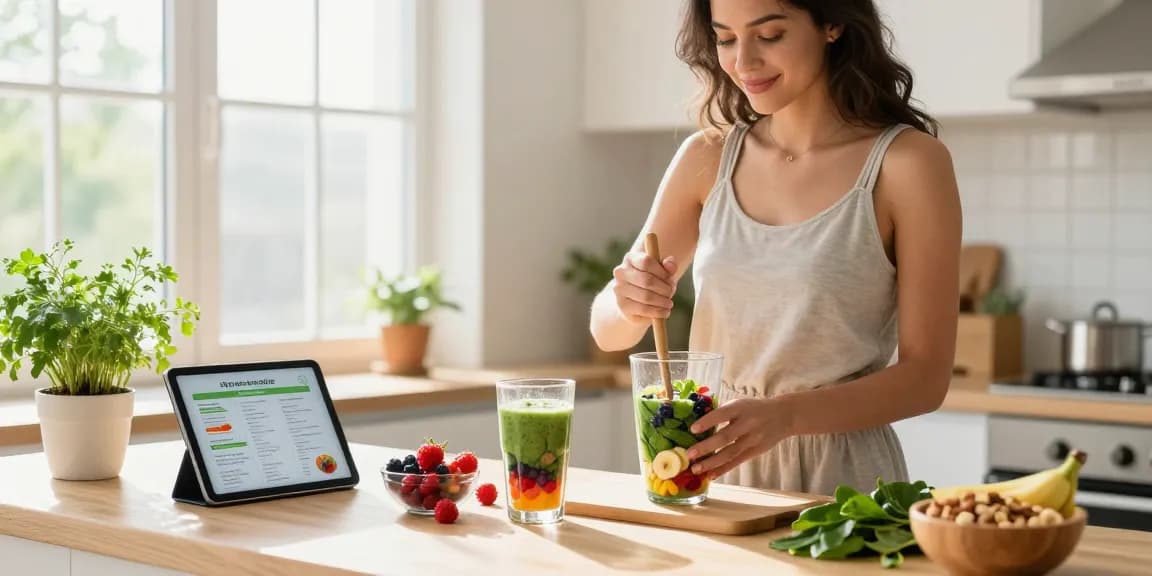 Healthy morning smoothie preparation with antioxidant supplement Canada in modern kitchen.