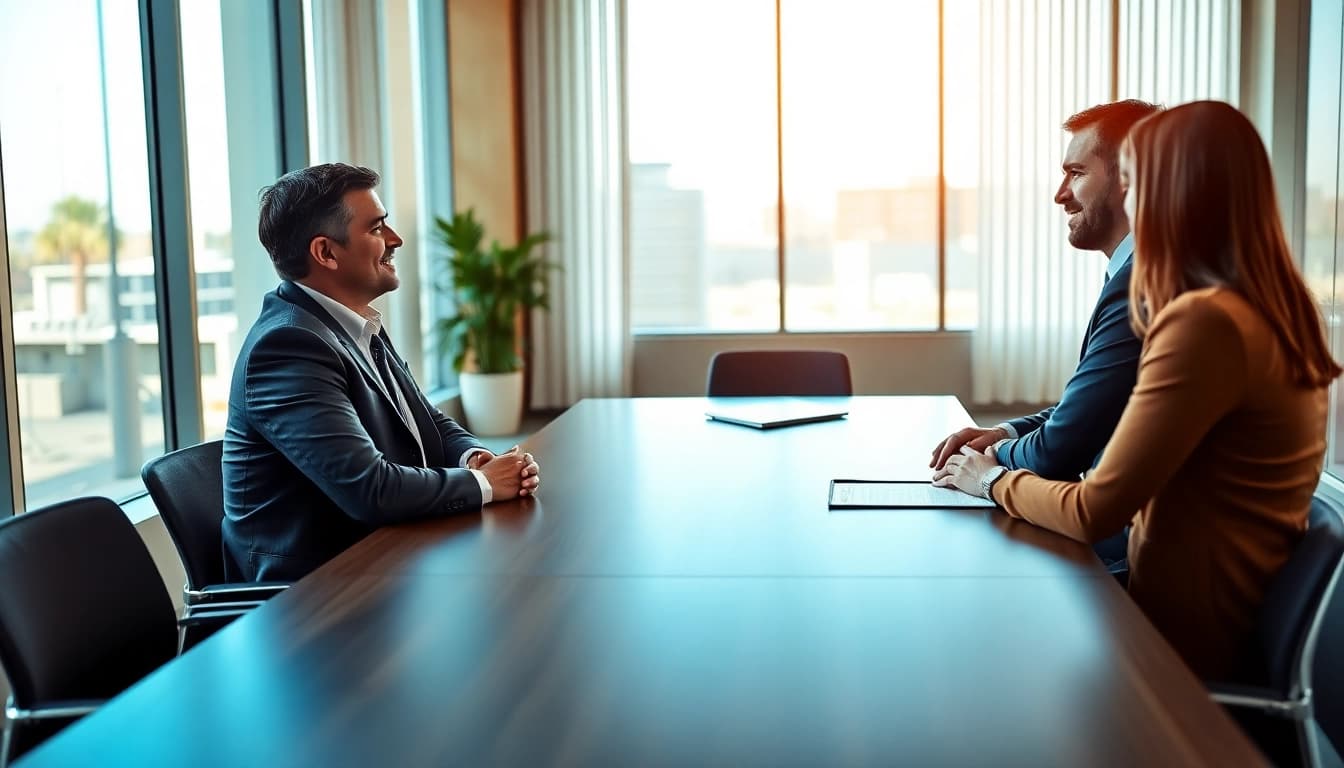 Mediation session with a professional mediator engaging clients in a modern office.