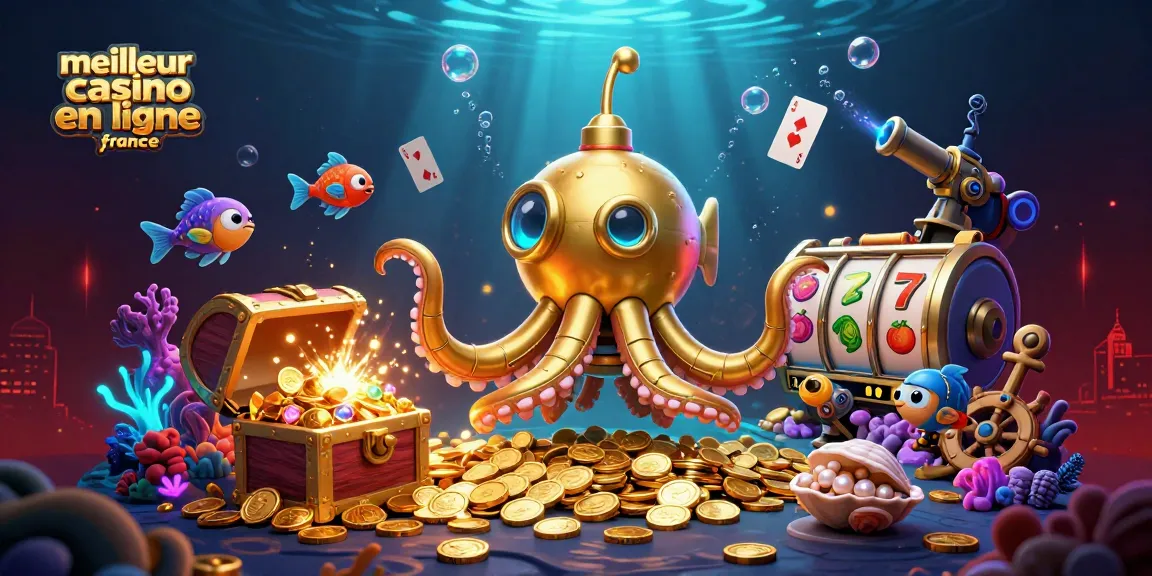 Découvrez le meilleur casino en ligne France avec un kraken naviguant parmi des machines à sous et des trésors sous-marins.