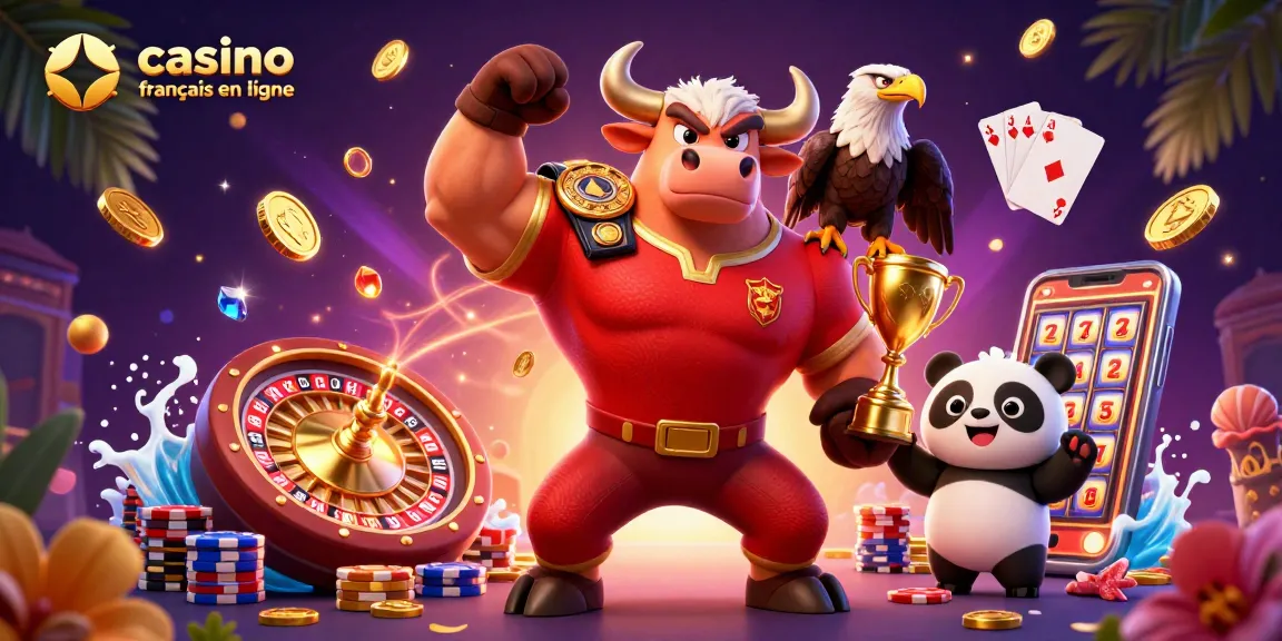 Vivez l'excitation du casino français en ligne avec une mascotte en bull et un panda gagnant.