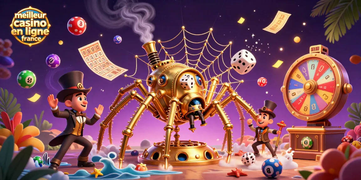 Illustration dynamique du meilleur casino en ligne France avec une araignée steampunk en or.