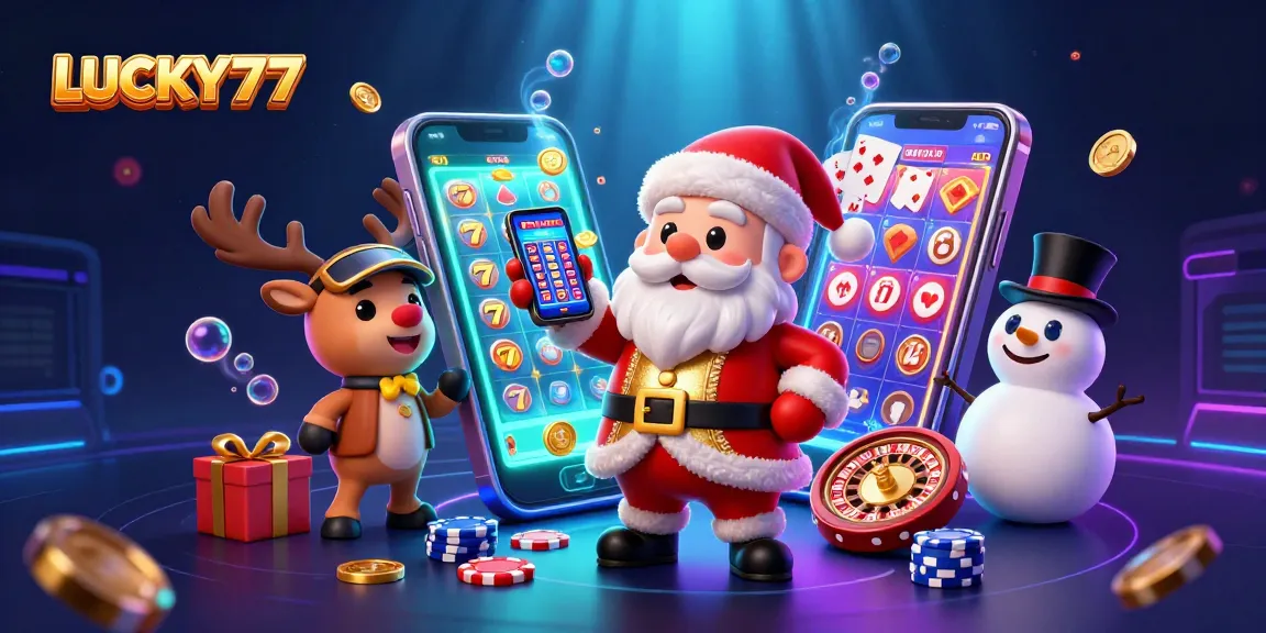 LUCKY77 captivates with Santa, a reindeer dealer, and a snowman in a vibrant casino illustration.