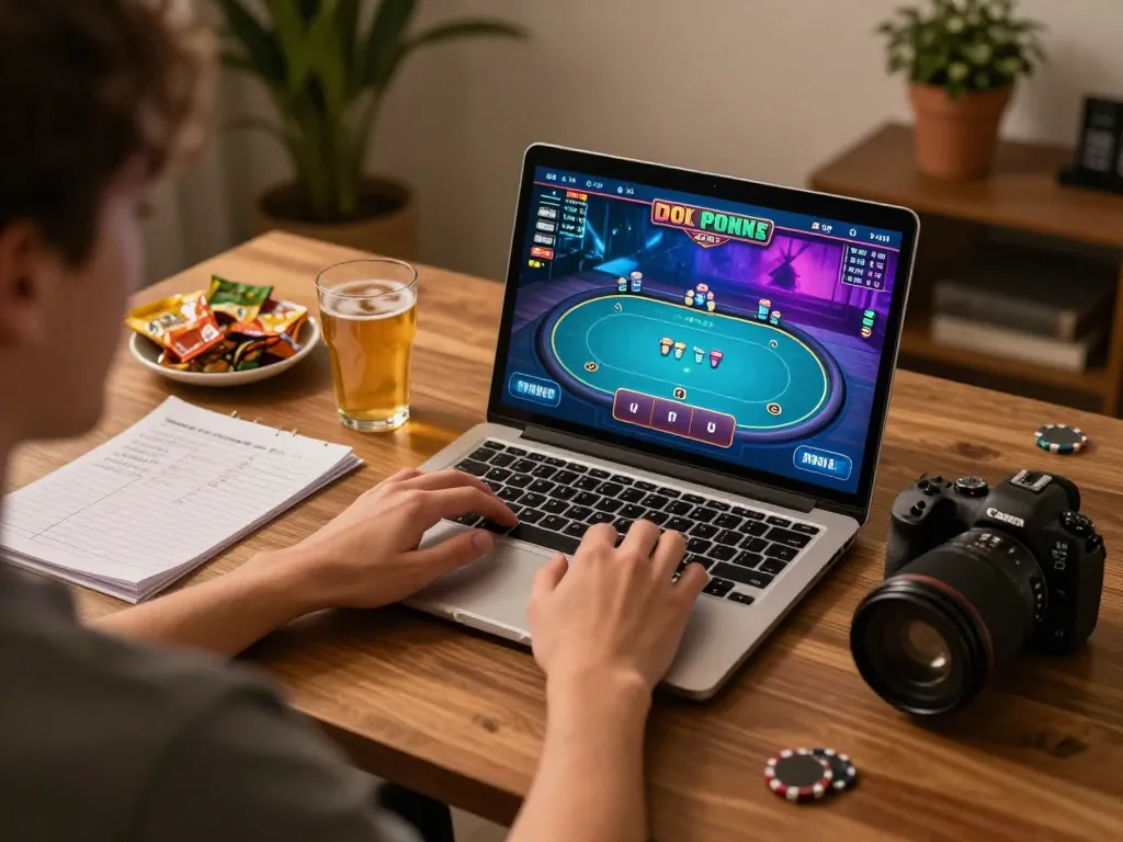 Enjoying Poker Online with friends during a cozy gaming night, showcasing the immersive setup.