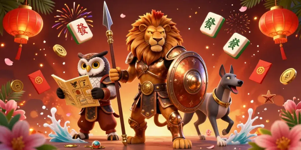 Spin reels and win at the vibrant casino with majestic characters and festive decorations.