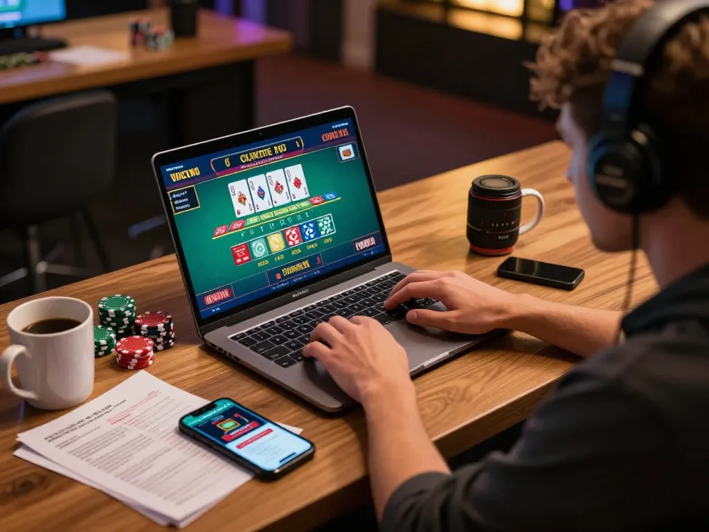 Player engaging in casinò online italiani non aams using laptop for live blackjack gameplay at stylish home desk, showcasing vibrant gaming environment