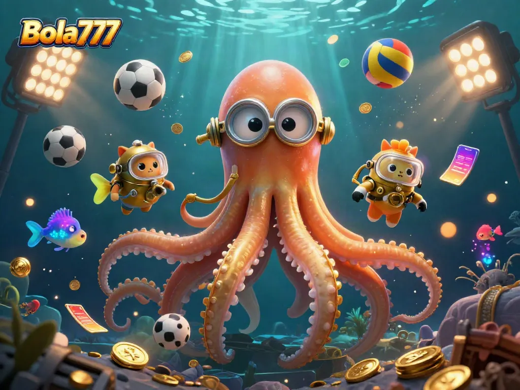 Bola777 menampilkan kraken 3D kolosal dan ikan bioluminescent dalam suasana laut yang kaya