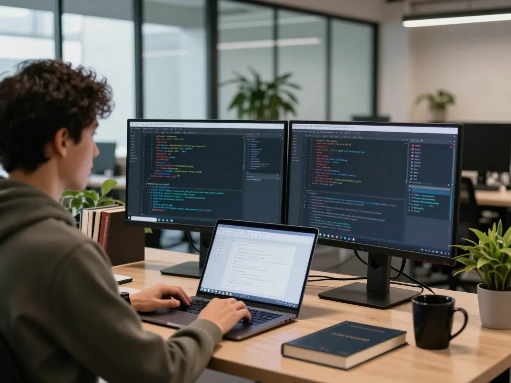 Developer using OpenClaw in a modern workspace with coding tools and dual monitors.