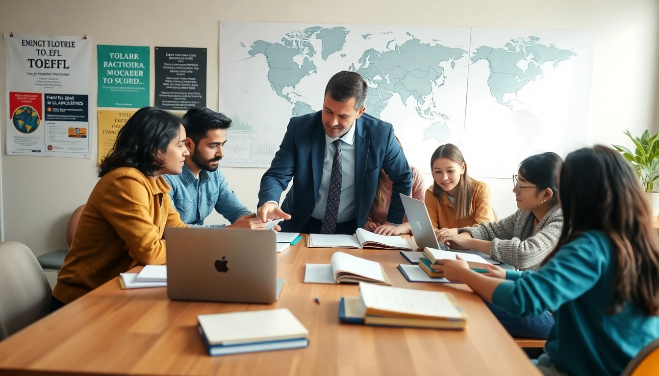 TOEFL expert help supporting diverse students with study materials at a collaborative learning space.