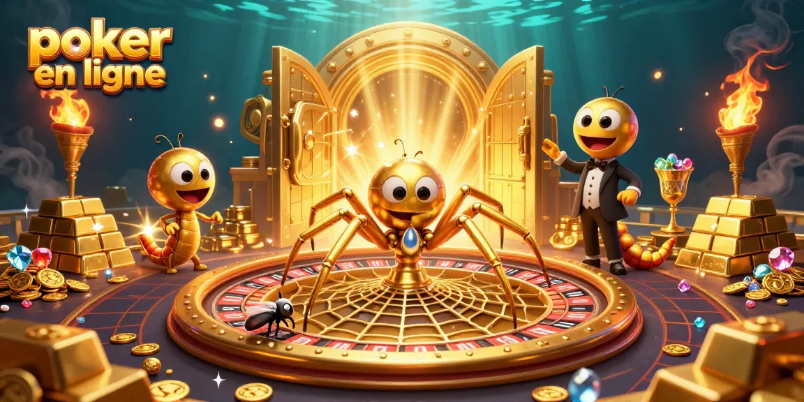 Jouer au poker en ligne avec une illustration colorée et dynamique des personnages et éléments de jeu.