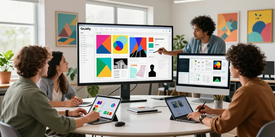 Creative team using mixboard ai in a modern digital workspace, collaborating on visual projects with tablets and screens.