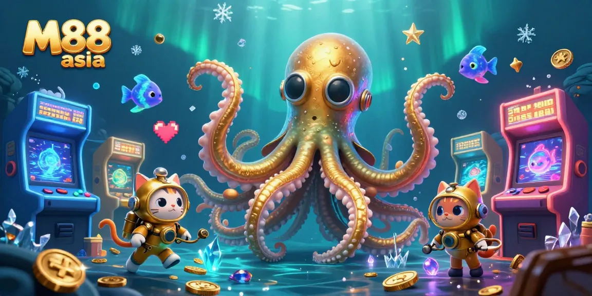 Experience M88 asia with this vibrant underwater casino scene featuring gaming elements and characters.