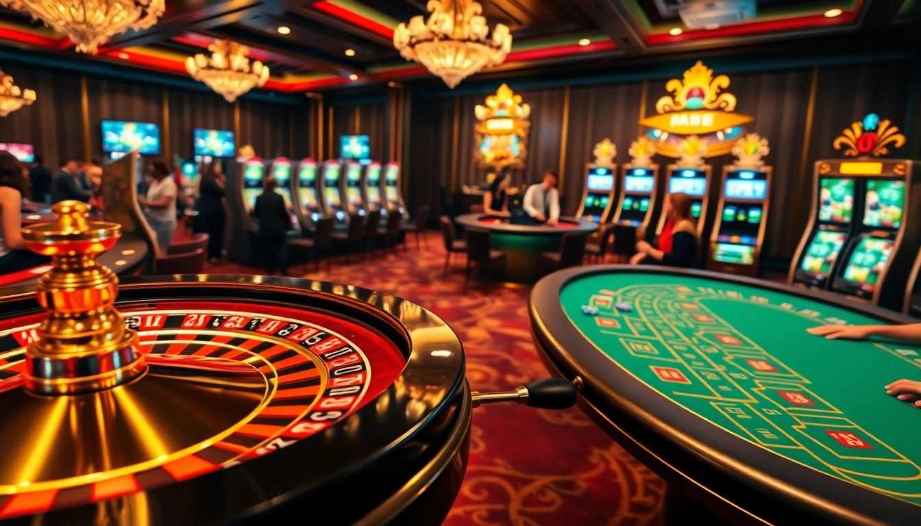 Une scène de casino en ligne français palpitante avec une roulette vibrante et des joueurs engagés profitant de leurs jeux.