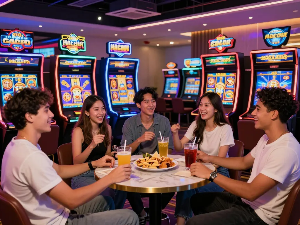 situs slot gacor gaming scene with friends enjoying slot machines in a vibrant casino setting.