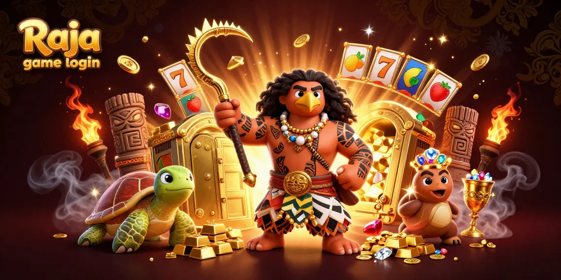 Experience Raja game login through vivid adventure with vibrant gems and gold surrounding dynamic characters