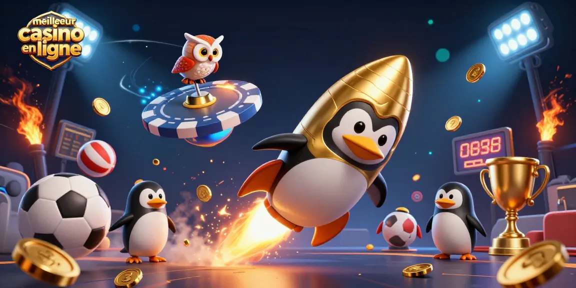 Gagnez avec le meilleur casino en ligne, où un pingouin doré propulsé par fusée traverse l'espace.