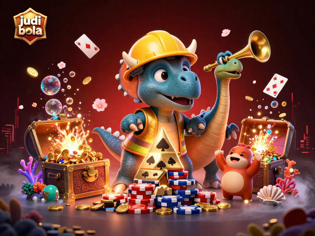 Experience exciting judi bola action with vibrant characters celebrating amidst a treasure of game elements.