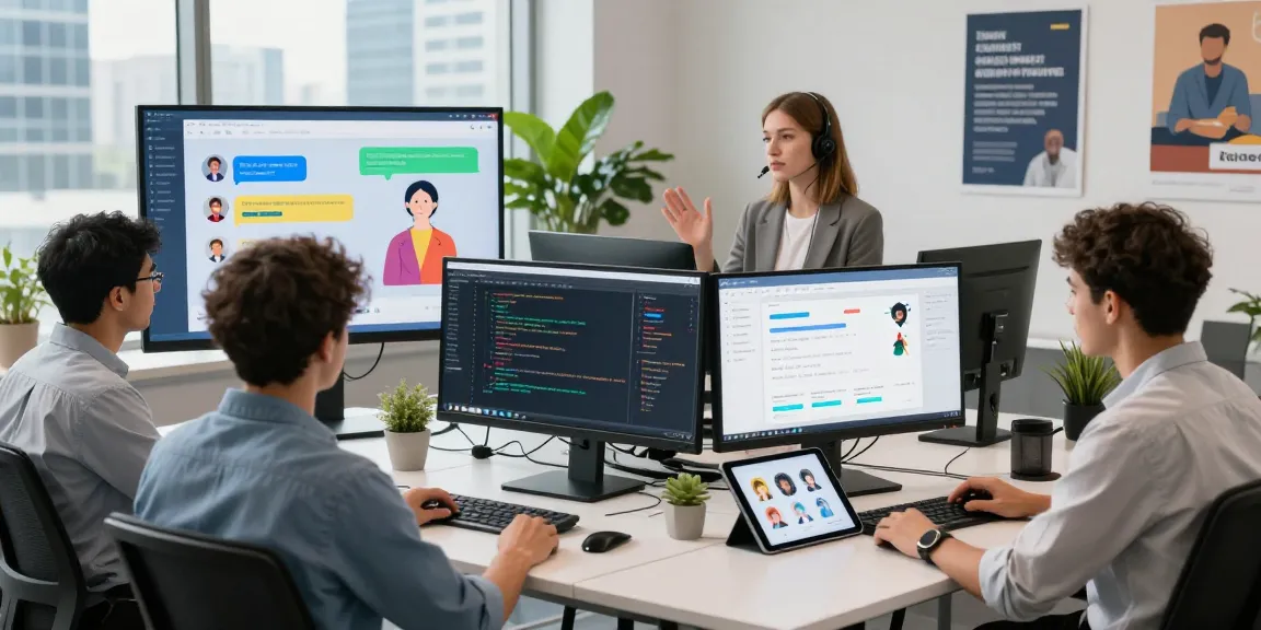 Developers collaborating on Crushon AI chatbot technology in a vibrant workspace with screens showcasing chat interactions.