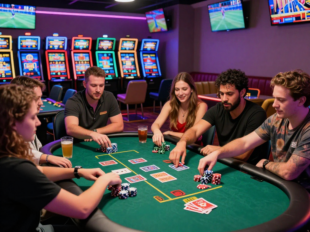 Group playing rokok88 poker at a lively casino table with vibrant ambiance.