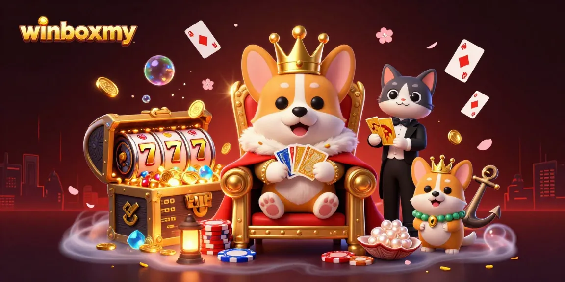 WinboxMY brings excitement to online gaming with royal corgis amid casino treasures and vibrant elements.