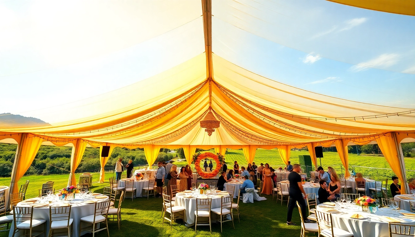 Enjoy vibrant Party Tent Rentals with colorful décor in a picturesque outdoor setting.
