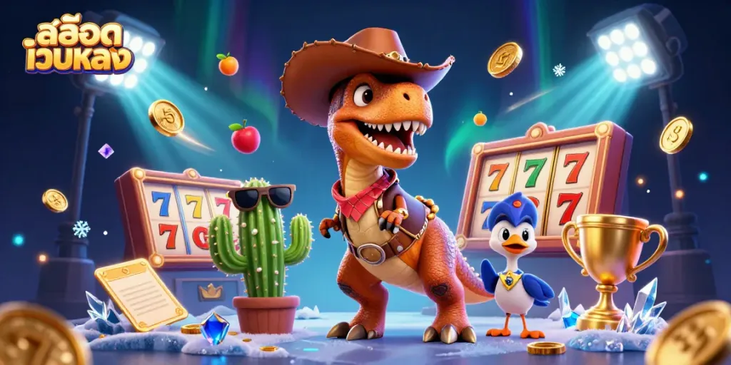 Experience the excitement of สล็อตเว็บตรง with a vibrant 3D casino scene featuring a T-Rex and friends.