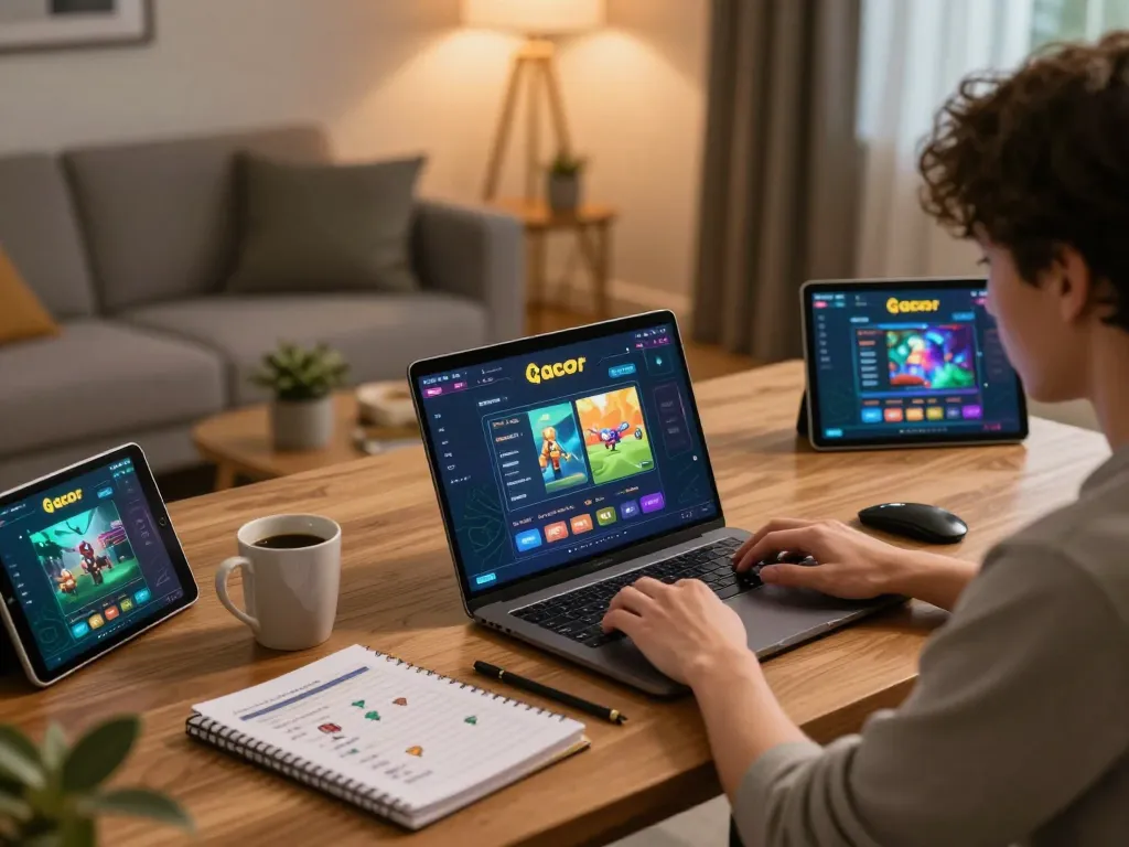 Engaging in link gacor slot gaming action at home with a laptop setup and strategic notes