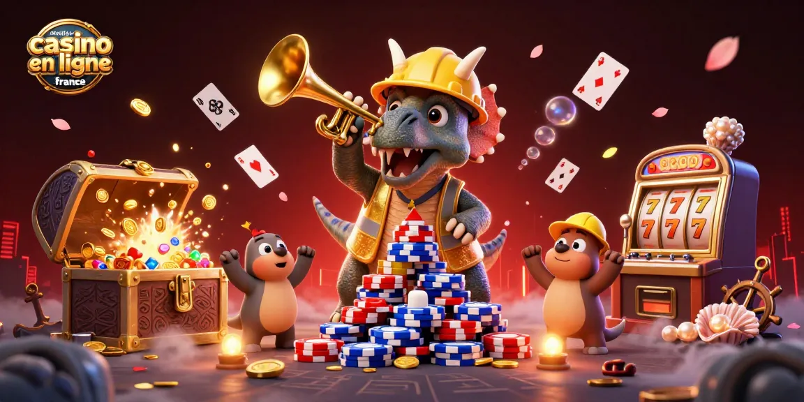 Illustration célébrant le meilleur casino en ligne France avec des dinosaures et des jetons de poker.