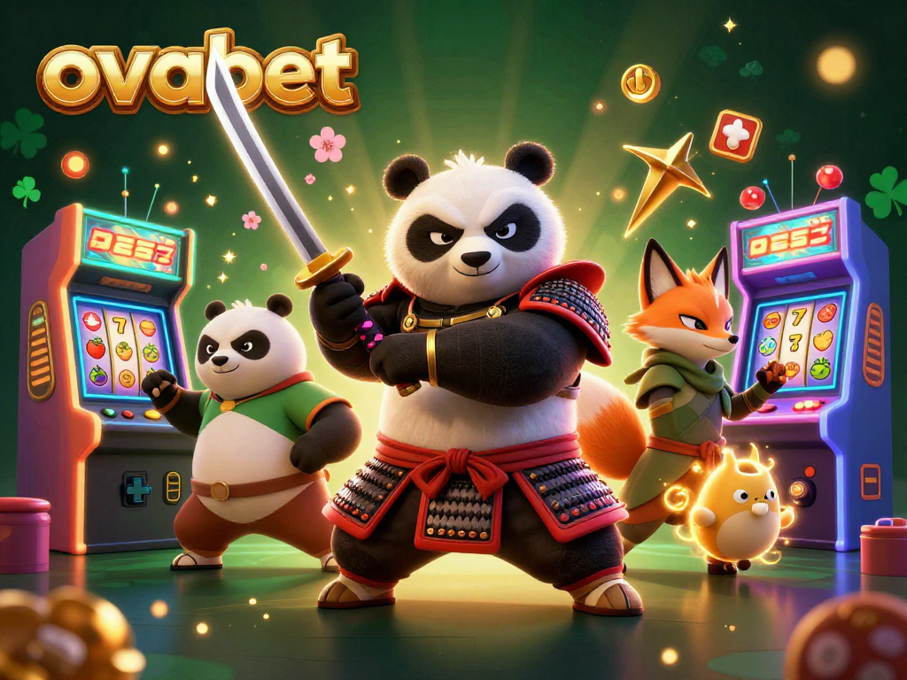 Play and win at ovabet with a dynamic scene featuring cartoon samurai panda and ninja fox.