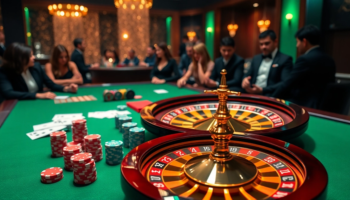 Exciting casino scene featuring Hi88 with poker chips, roulette wheel, and online gambling interface.