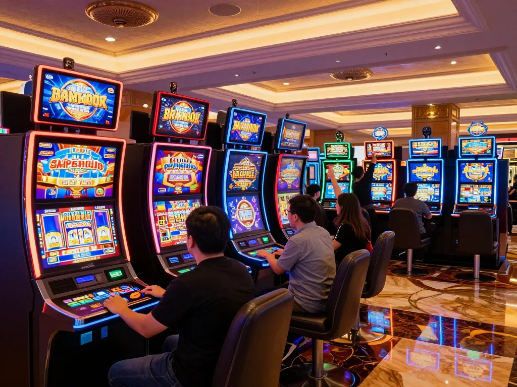 Players enjoying thrilling slot gacor games at a vibrant casino, celebrating wins amidst colorful lights.