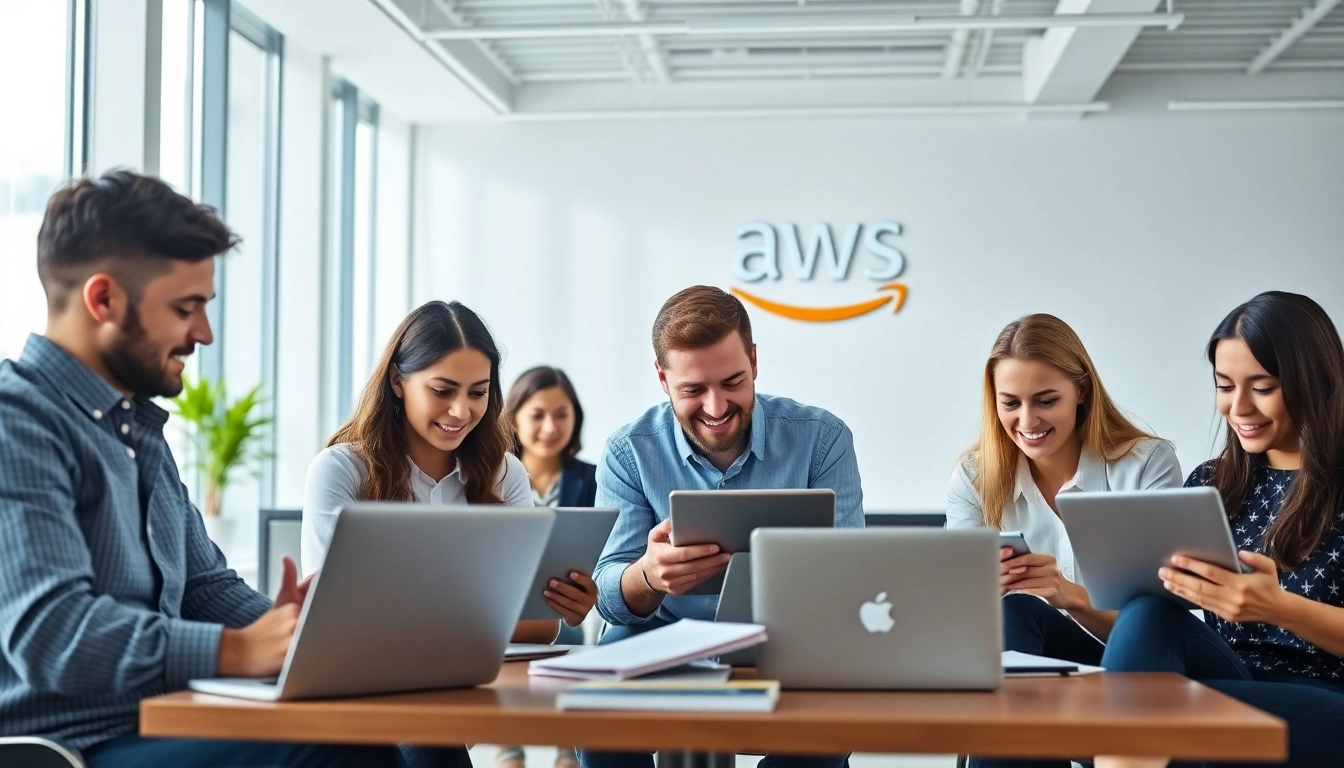 Group studying AWS exam help with laptops and study materials in a modern office setting.