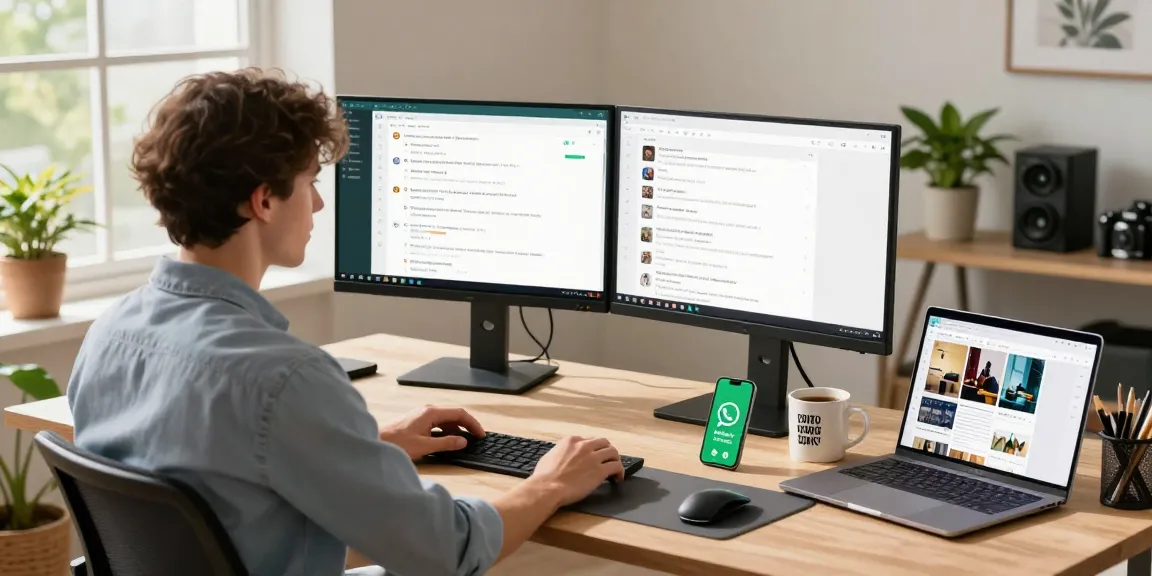 Professional using WhatsApp電腦版 on desktop surrounded by modern tech and productivity tools.