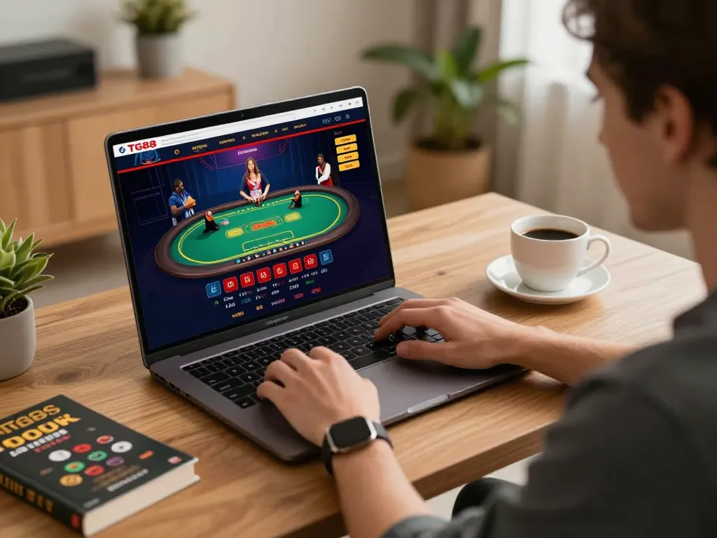 Engaging session of online gambling at TG88 with player interacting on laptop amidst cozy home setup.