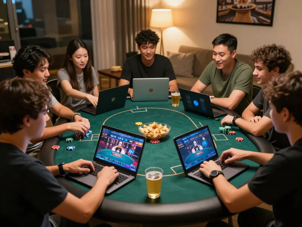 Suasana malam poker di rumah yang menyenangkan dengan teman-teman bermain daftar poker online di laptop yang bergaya.